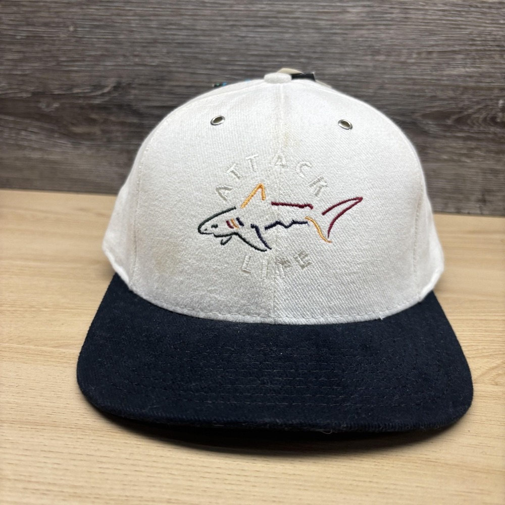 Greg Norman Attack Life Hat Cap Strap Back White Navy Shark Graphic Mens
